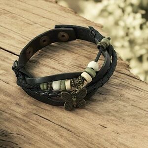 5 for $25!! Cute! Adjustable Butterfly Beads & Leather Bracelet 9”